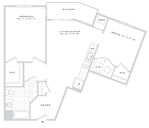 Floor plan for 1 bed, 1 bath, 958 sqft